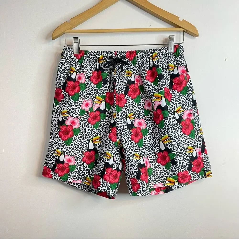 Franks Broadbeach Quick dry Tropical Toucan floral leopard swim trunks shorts M